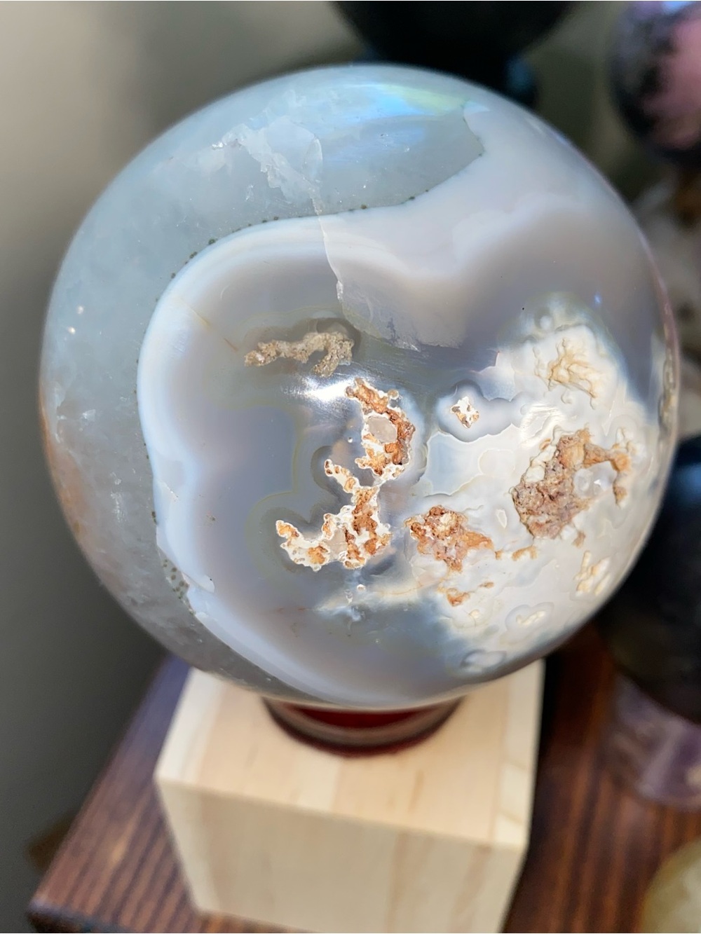 Large Natural Agate + Quartz Sphere | Blue Gray Chalcedony | Sparkly Druzy Cave - Picture 2 of 11